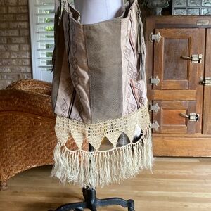 FREE PEOPLE Light My Fire Tote Fringe Macramé Crochet Boho Suede Oversized Bag
